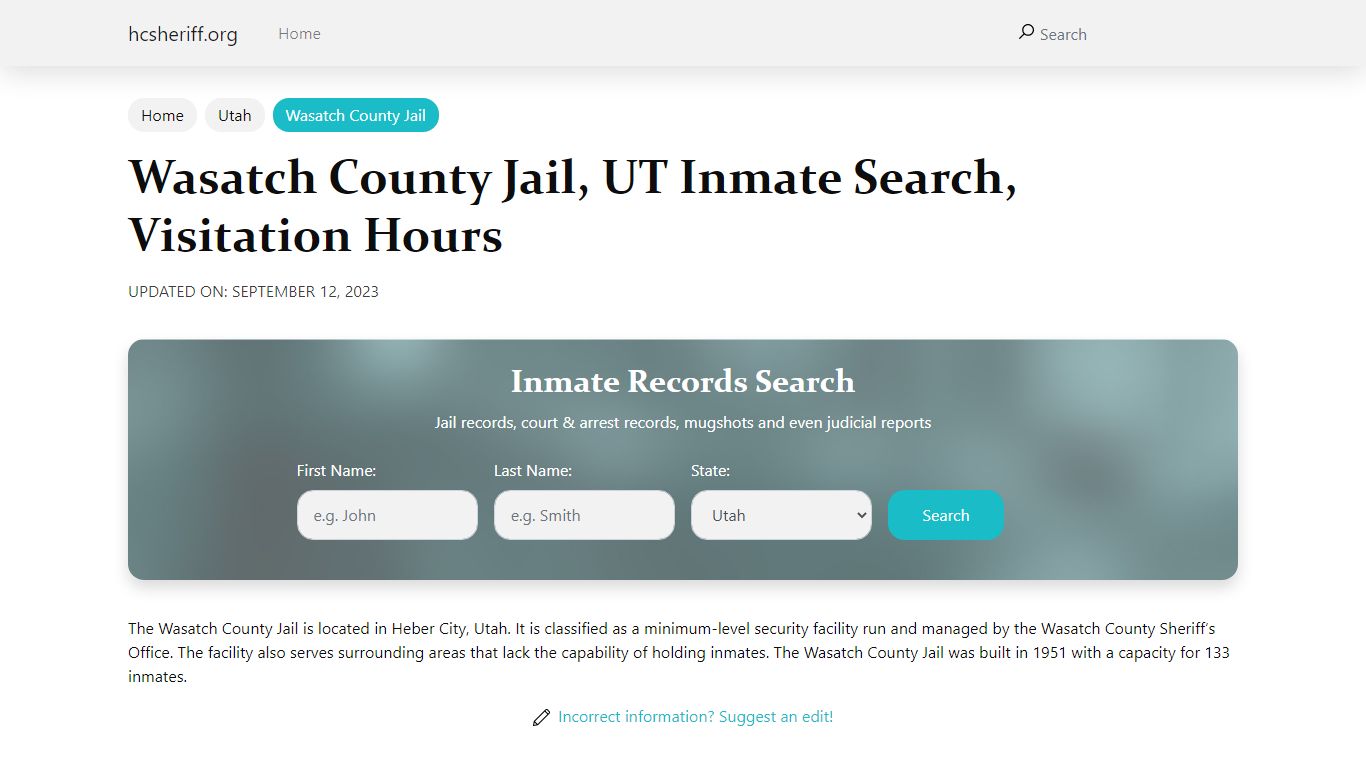 Wasatch County Jail, UT Inmate Search, Visitation Hours